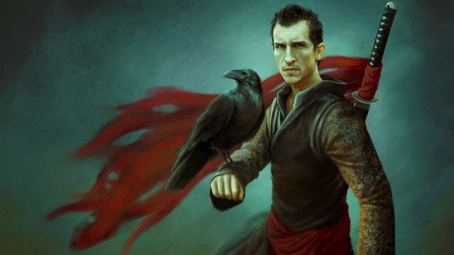 Обои картинки фото фэнтези, люди, ворон, воин, меч, катана, мужчина