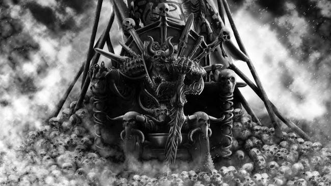 Обои картинки фото фэнтези, нежить, меч, черепа, демон, монстр, трон