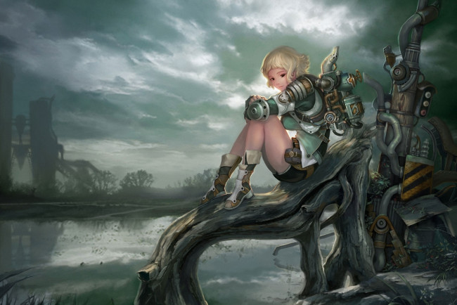 Обои картинки фото argo online, видео игры, стимпанк, постапокалипсис, девушка, озеро, механизм, коряга