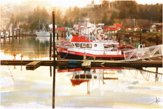 Обои картинки фото рисованные, - другое, лодка, причал