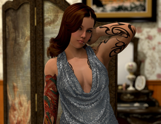 Обои картинки фото 3д графика, люди , people, купальник, фон, взгляд, девушка