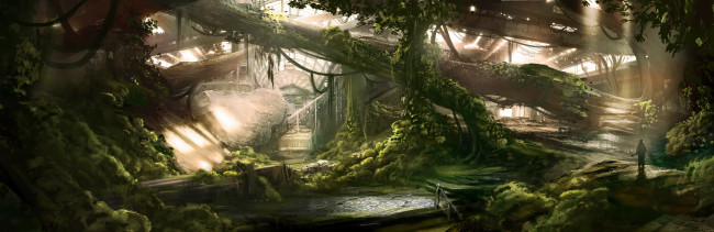 Обои картинки фото фэнтези, иные миры,  иные времена, арт, заброшенность, стволы, деревья, город, человек, руины