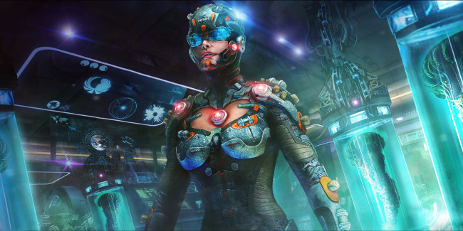 Обои картинки фото фэнтези, роботы,  киборги,  механизмы, мир, скафандр, иной, девушка, лаборатория, будущее