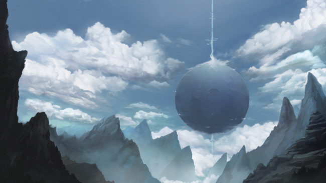 Обои картинки фото фэнтези, иные миры,  иные времена, горы, планета, скалы, арт, облака, луч