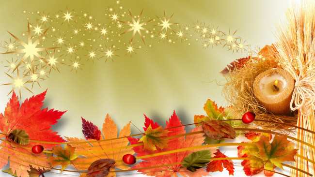 Обои картинки фото разное, компьютерный дизайн, клен, листья, коллаж, плоды, осень, свеча