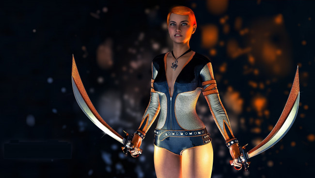 Обои картинки фото 3д графика, фантазия , fantasy, девушка, взгляд, фон, оружие