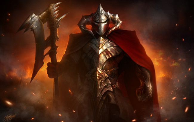 Обои картинки фото фэнтези, люди, шлем, огонь, пламя, доспехи, оружие, воин