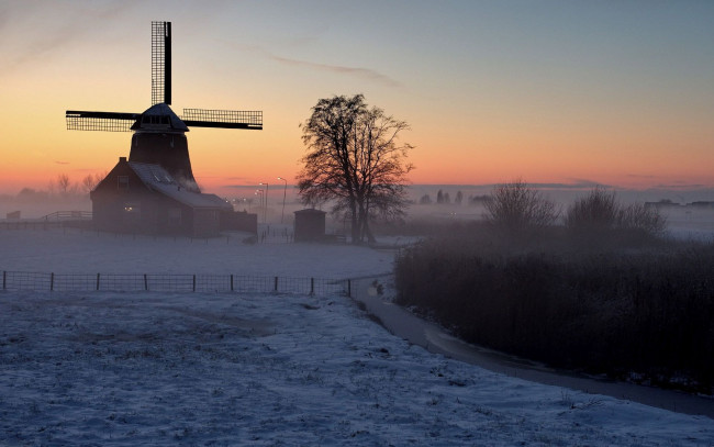 Обои картинки фото разное, мельницы, деревья, зима, дом