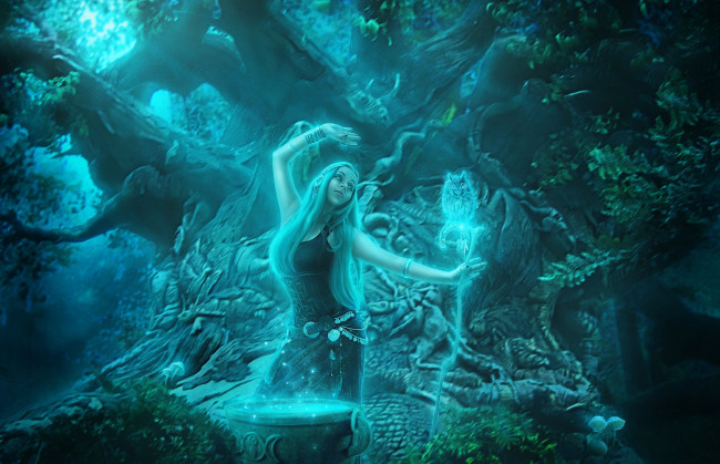 Обои картинки фото фэнтези, девушки, девушка, посох, сова, котел, дерево, ведьма