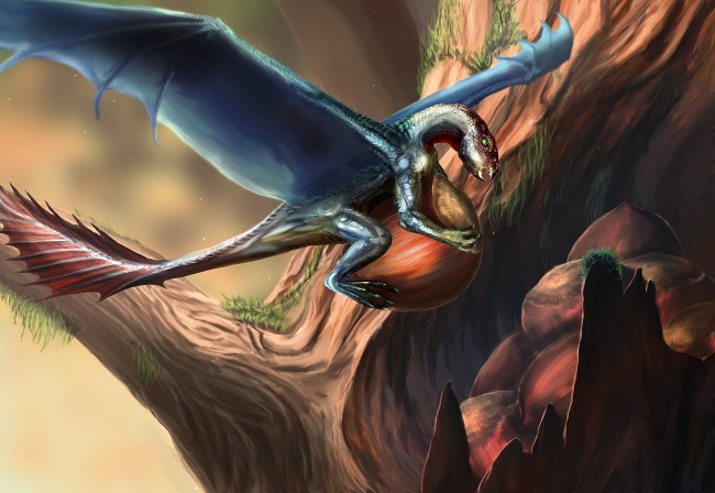 Обои картинки фото фэнтези, драконы, дерево, иной, мир, орехи, дракон