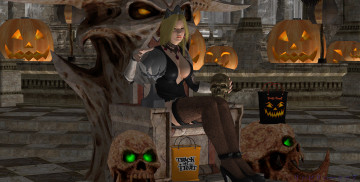 Картинка 3д+графика праздники+ holidays фон взгляд тыквы черепа девушка