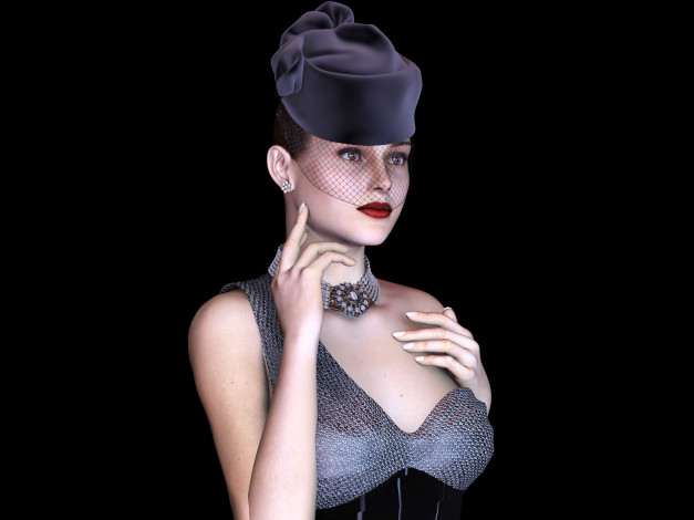 Обои картинки фото 3д графика, люди , people, шляпа, фон, взгляд, девушка