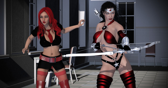 Обои картинки фото amazon arrow, 3д графика, фантазия , fantasy, оружие, фон, взгляд, девушки