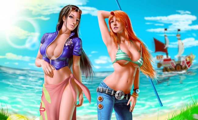 Обои картинки фото векторная графика, девушки , girls, девушки, взгляд, фон, море