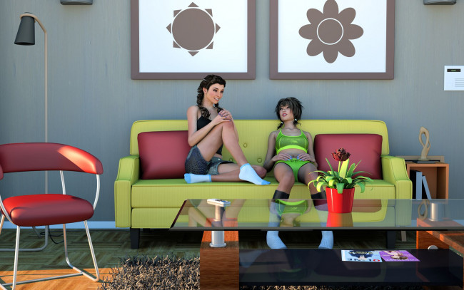 Обои картинки фото 3д графика, люди , people, взгляд, девушки, интерьер, фон