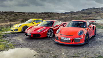 Картинка автомобили разные+вместе porsche cayman gt4 ferrari 488 gtb gt3 rs