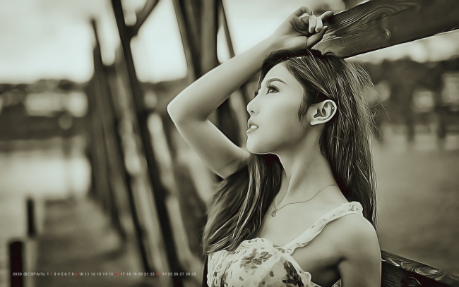 Обои картинки фото календари, компьютерный дизайн, девушка, азиатка, 2020, calendar, женщина, профиль