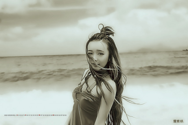 Обои картинки фото календари, компьютерный дизайн, calendar, азиатка, девушка, водоем, 2020