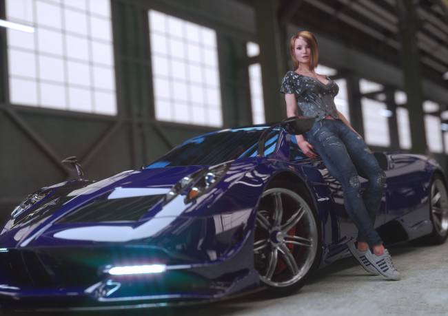 Обои картинки фото 3д графика, люди-авто, мото , people- car ,  moto, фон, девушка, автомобиль, взгляд