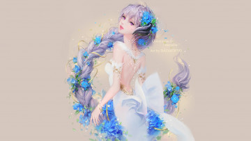 Картинка аниме животные +существа девушка цветы