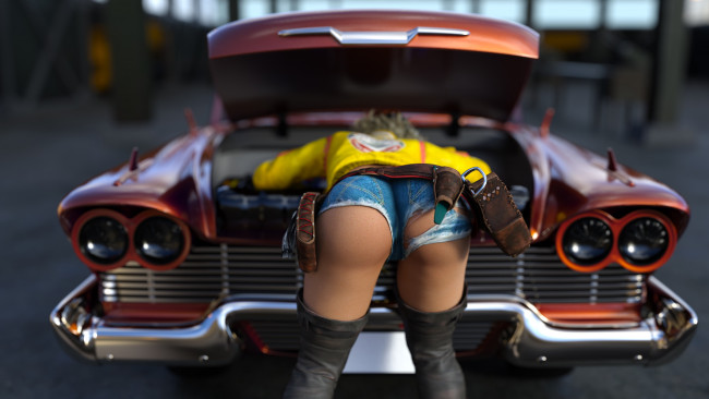 Обои картинки фото 3д графика, люди-авто, мото , people- car ,  moto, девушка, фон, автомобиль, поза, ракурс