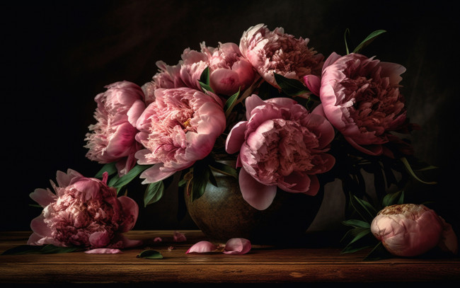 Обои картинки фото рисованное, цветы, темный, фон, букет, розовые, пионы, пышные, махровые, ии-арт