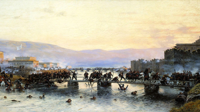 Обои картинки фото алексей кившенко, рисованное, город, мост, река, война, войска