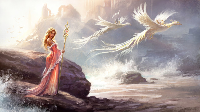 Обои картинки фото фэнтези, иные миры,  иные времена, арт, горы, птицы, девушка, посох