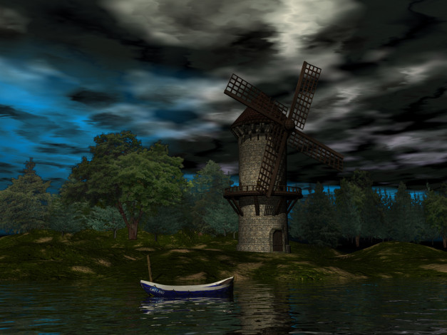 Обои картинки фото 3д, графика, nature, landscape, природа, деревья, мельница, лодка