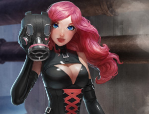 Картинка фэнтези девушки волосы маска противогаз сердечко трубы