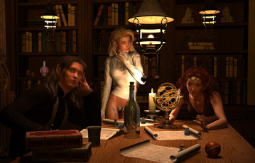 Картинка 3д графика elves эльфы библиотека бутылка лампа книги карта свеча стол перо