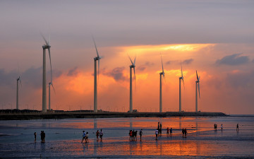 обоя разное, мельницы, вечер, ветряки, закат