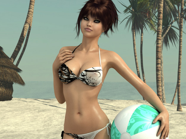 Обои картинки фото 3д, графика, people, люди, девушка, пляж, купальник, шар, мяч, пальмы
