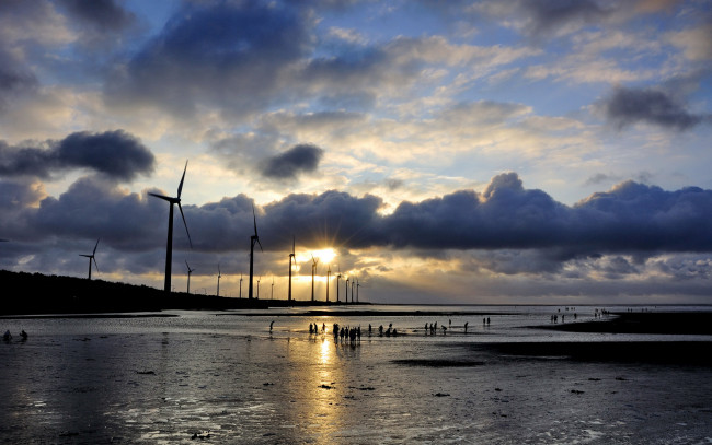 Обои картинки фото разное, мельницы, ветряки, закат, вечер