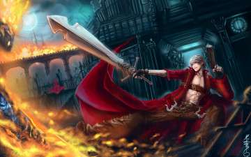 Картинка видео+игры devil+may+cry+3 +dante`s+awakening half-demon sword demon hunter dante anime ребеллион anart меч полудемон данте пистолеты красный плащ