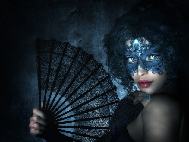 Обои картинки фото 3д графика, portraits , портрет, рендеринг, девушка, маска, взгляд, рука, веер