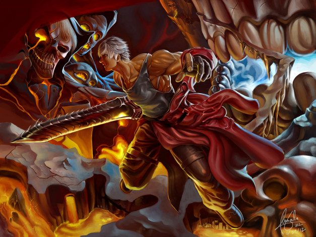 Обои картинки фото видео игры, devil may cry, арт, devil, may, cry, dante, парень, битва, лава, пать, меч, монстры, череп