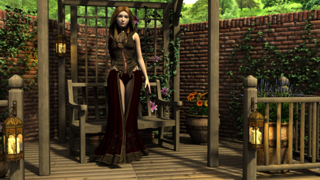 Обои картинки фото 3д графика, people , люди, девушка, скамейка