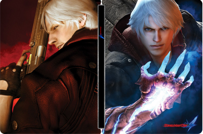 Обои картинки фото видео игры, devil may cry 4, арт, парни, rebelion, неро, данте, tri, red, queen, оружие, рука