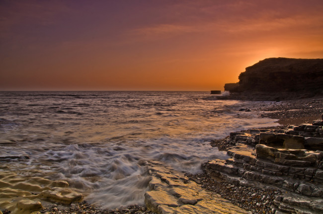 Обои картинки фото природа, побережье, океан, скалы, горизонт, заря