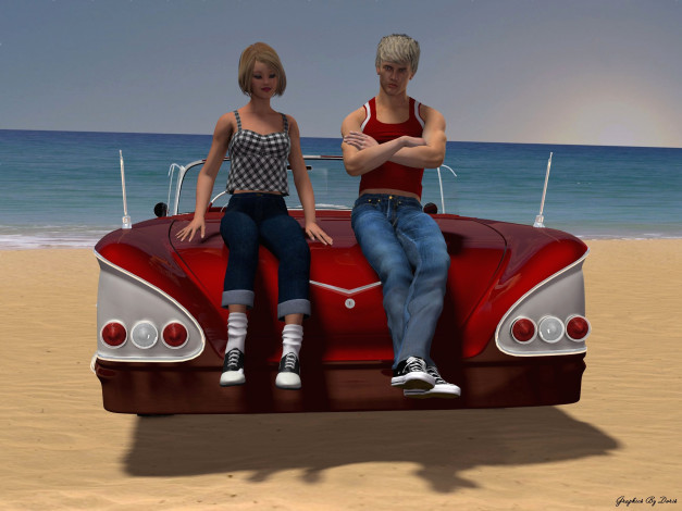 Обои картинки фото 3д графика, люди , people, девушка, взгляд, фон, парень, автомобиль