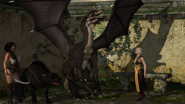 Обои картинки фото 3д графика, фантазия , fantasy, фон, взгляд, девушки, оружие, дракон