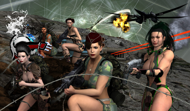 Обои картинки фото 3д графика, фантазия , fantasy, девушки, взгляд, фон, оружие