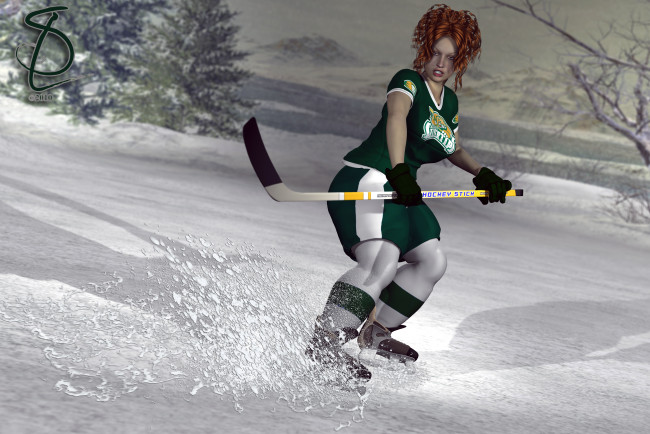 Обои картинки фото 3д графика, люди , people, девушка, взгляд, фон, коньки, лед, клюшка