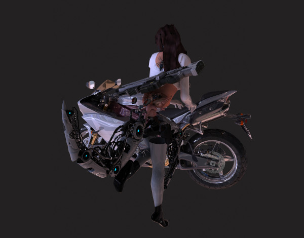Обои картинки фото 3д графика, существа , creatures, девушка, фон, мотоцикл, существо