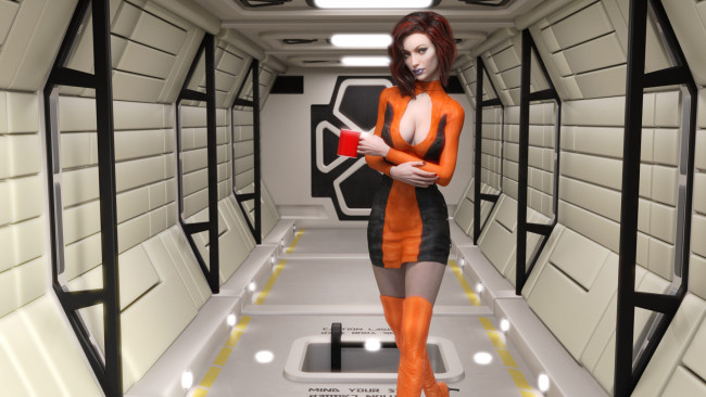 Обои картинки фото 3д графика, люди , people, девушка, фон, взгляд, кружка