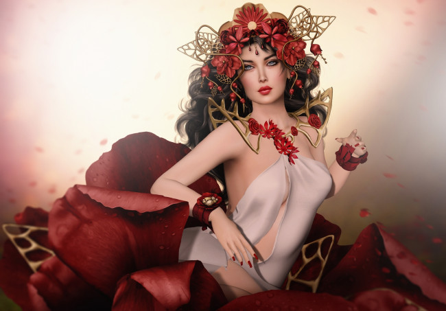 Обои картинки фото 3д графика, люди , people, украшения, лепестки, цветок, девушка