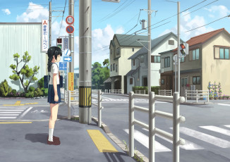 Картинка аниме город +улицы +здания девушка фон взгляд