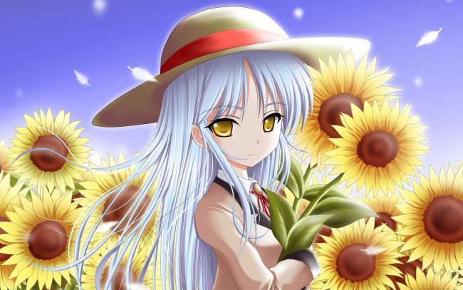 Обои картинки фото аниме, angel beats, девушка, подсолнухи, шляпа