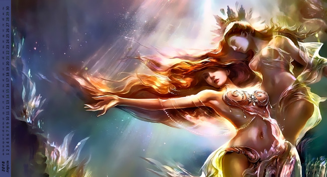 Обои картинки фото календари, фэнтези, девушка, взгляд, двое